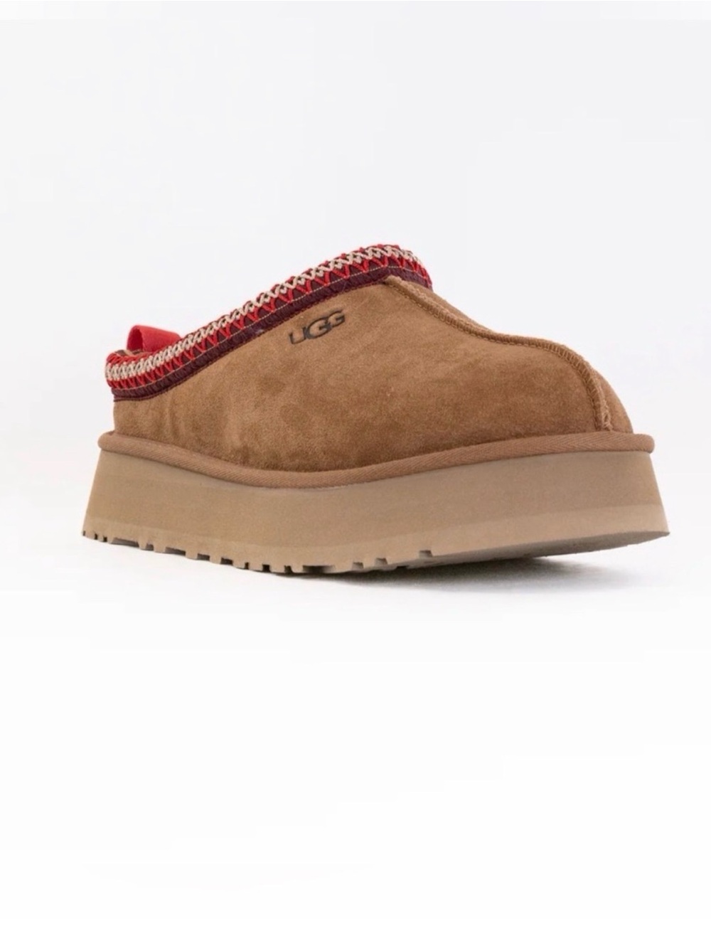 UGG Tazz Platform Slippers
in Chestnut Suede Red Trim
Size 9